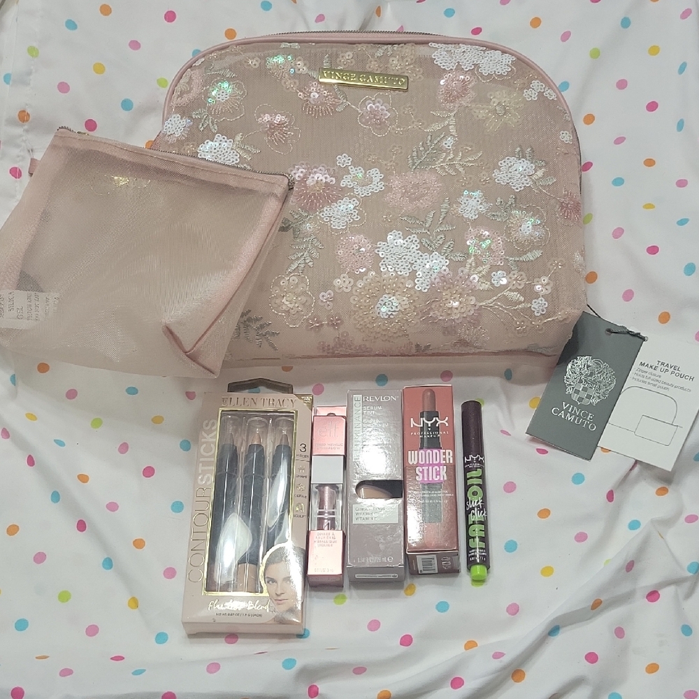 Vince Camuto Floral Cosmetic Bags with Makeup Bundle